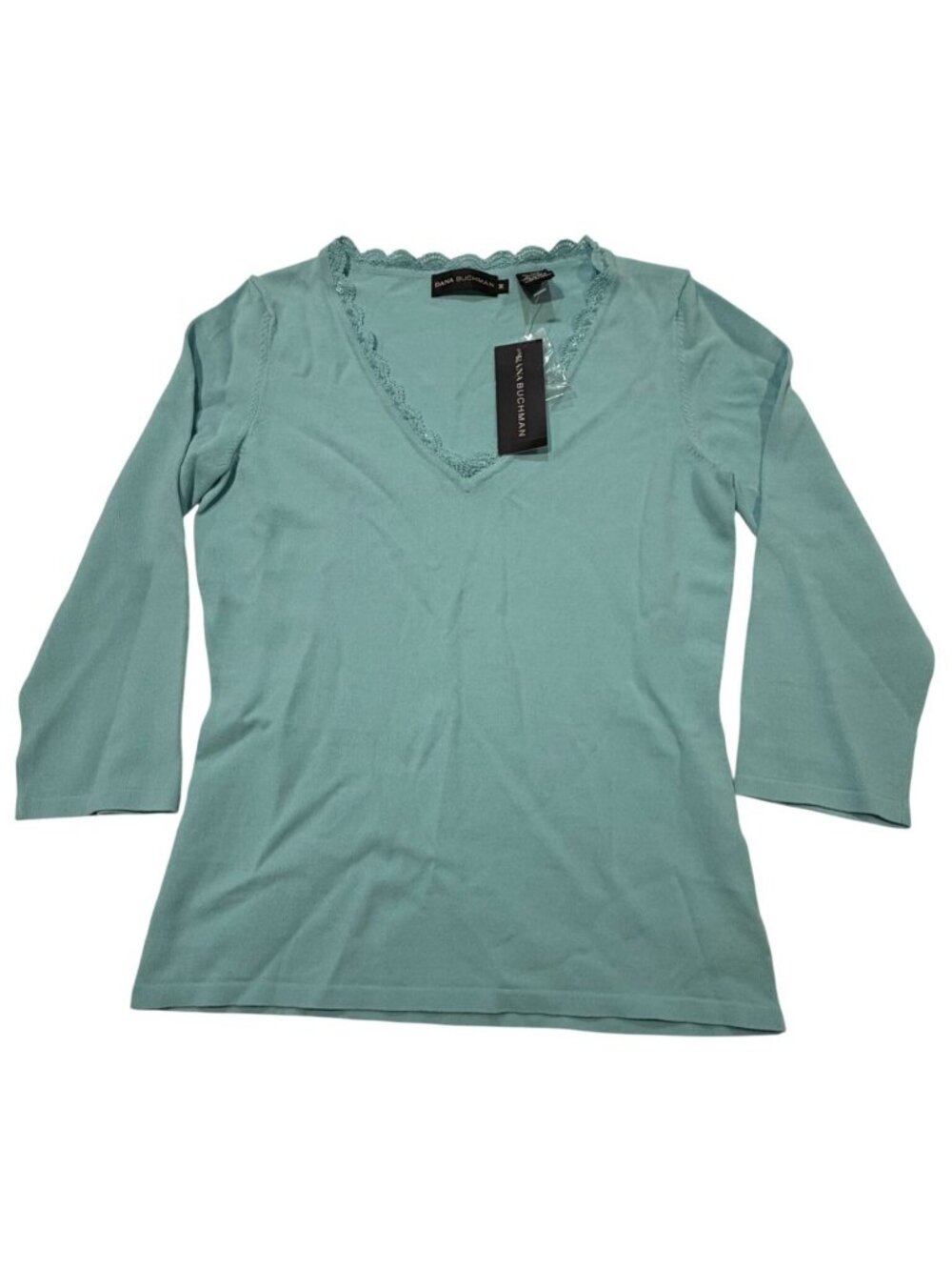 NWT Dana Buchman Oasis Blue V-Neck Knit Top Lace Trim & Sequins Detail Size M